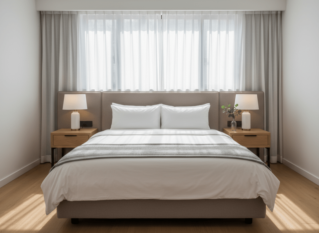 A serene, hotel-like bedroom in a premium Airbnb rental, centered on a queen-sized bed with crisp white cotton bedding, a neatly folded dove-gray throw at the foot, and a padded upholstered headboard in a soft taupe fabric. Matching nightstands hold minimalist ceramic lamps with warm white bulbs, while a small vase of fresh greenery adds a touch of life. A large window with sheer curtains lets in diffused morning light, producing gentle shadows and a calm, airy feel. Photographic realism with an eye-level, symmetrical composition that keeps everything in sharp focus, creating a professional, restorative atmosphere ideal for medical professionals, work teams, or guests needing temporary housing.