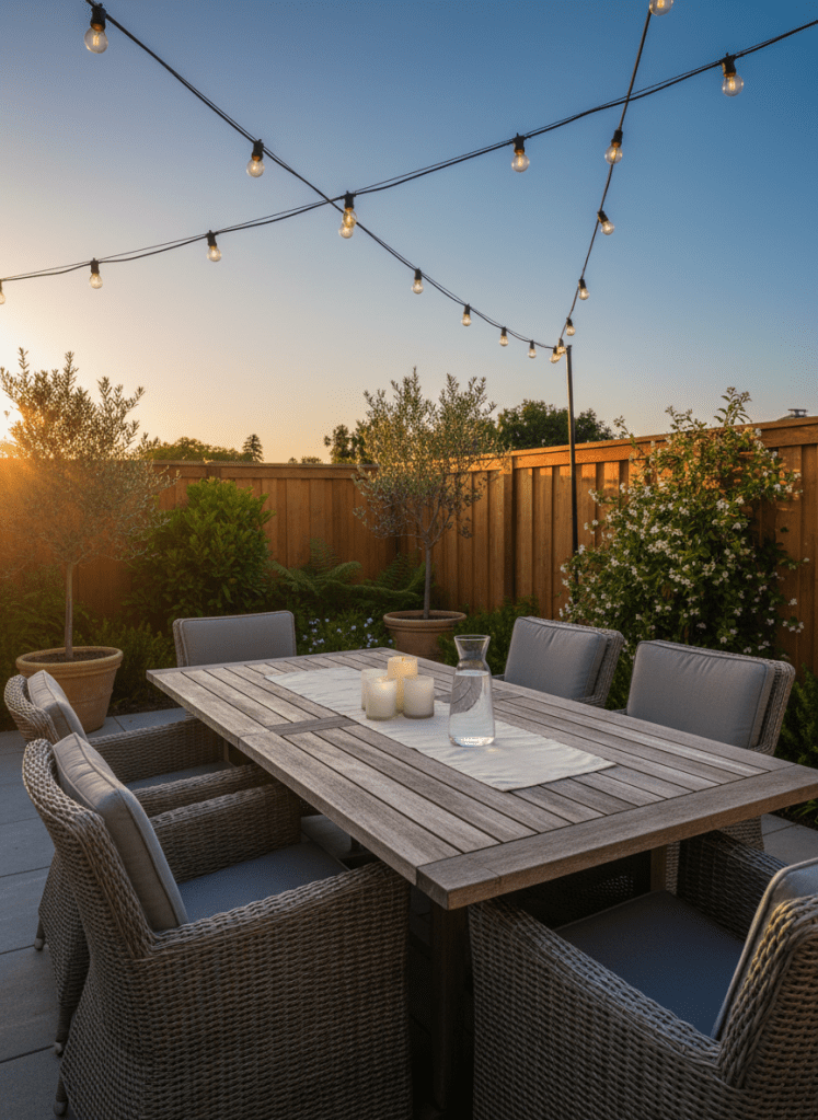 A tranquil outdoor patio attached to an Airbnb home, designed for small celebrations and quiet gatherings, featuring a weathered teak dining table with slatted top, surrounded by cushioned wicker chairs in a cool gray tone. The table is simply styled with a neutral linen runner, a clear glass water carafe, and a small cluster of unscented candles in frosted holders. Soft string lights are suspended overhead, beginning to glow against the early evening sky, while landscaped greenery and a wooden privacy fence frame the scene. Photographic realism, captured at golden hour with warm, directional light casting gentle shadows and subtle highlights on the furniture, creating an inviting, professional atmosphere ideal for rehearsal dinners, post-funeral receptions, or relaxed family get-togethers.