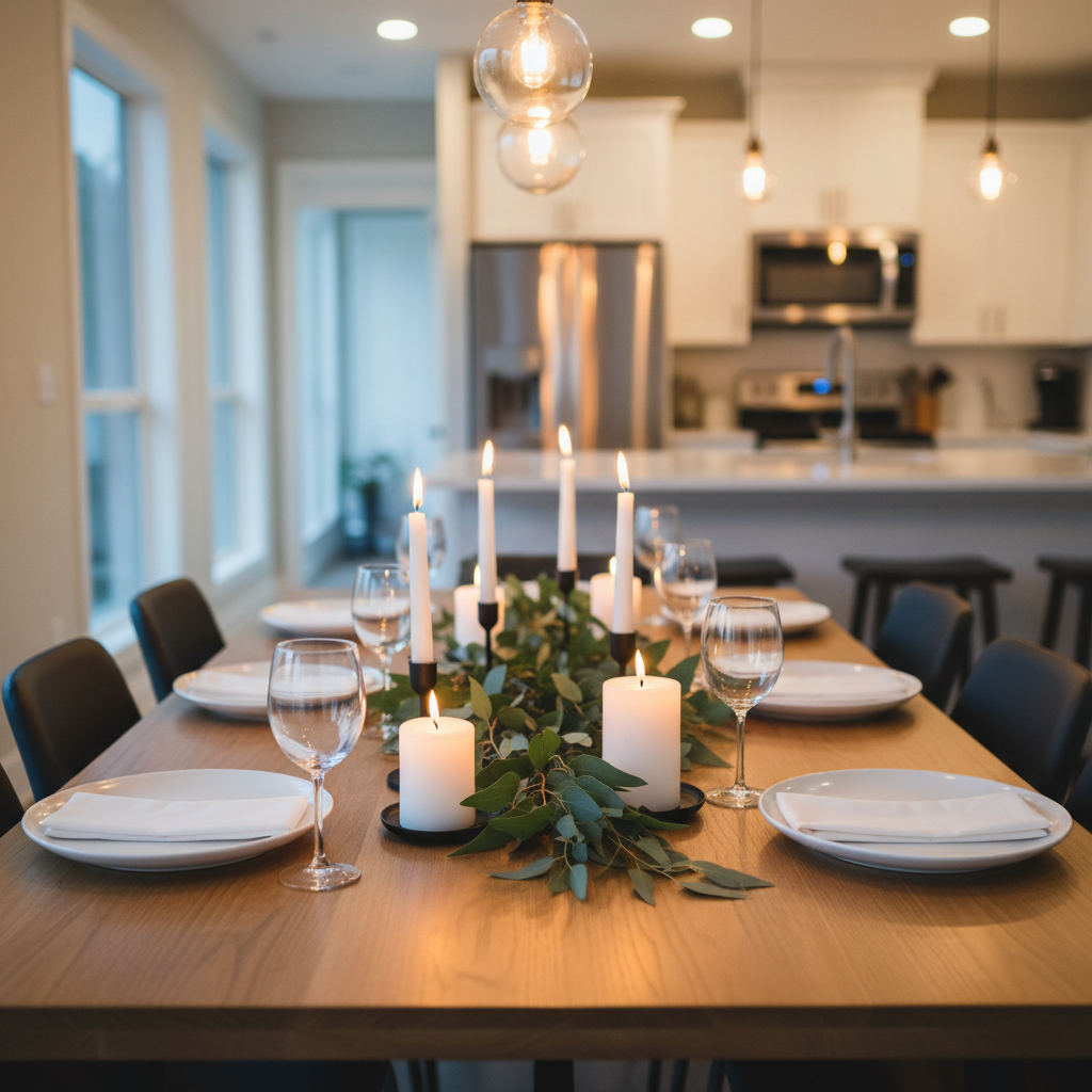 A thoughtfully staged open-concept Airbnb kitchen and dining area prepared for an intimate celebration, with a long natural-wood dining table set with white stoneware plates, clear stemless glassware, and crisp linen napkins neatly folded. A simple eucalyptus garland runs down the center, flanked by unscented white pillar candles in matte black holders. In the background, a modern kitchen with quartz countertops and stainless steel appliances remains softly out of focus. Warm pendant lighting from above mixes with subtle evening light from a nearby window, creating a cozy, professional ambiance. Photographic realism, shot from a slightly elevated angle along the table, using shallow depth of field for a refined, polished look that suits weddings, graduations, and holiday gatherings.