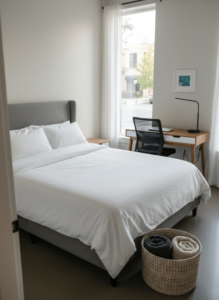 A serene, modern bedroom in a short-term rental designed for medical professionals and temporary housing, featuring a high-quality platform bed with crisp white hotel-style linens, a soft gray upholstered headboard, and neatly folded extra blankets in a woven basket at the foot. A streamlined desk with ergonomic chair sits near a large window overlooking a quiet city street, with a small task lamp and a closed laptop on its smooth surface. Early morning diffused light filters through sheer curtains, creating a calm, restorative atmosphere. Photographic realism, shot from an eye-level angle with a slightly shallow depth of field, emphasizing the restful bed while keeping the workspace clearly visible, conveying comfort, cleanliness, and reliability.