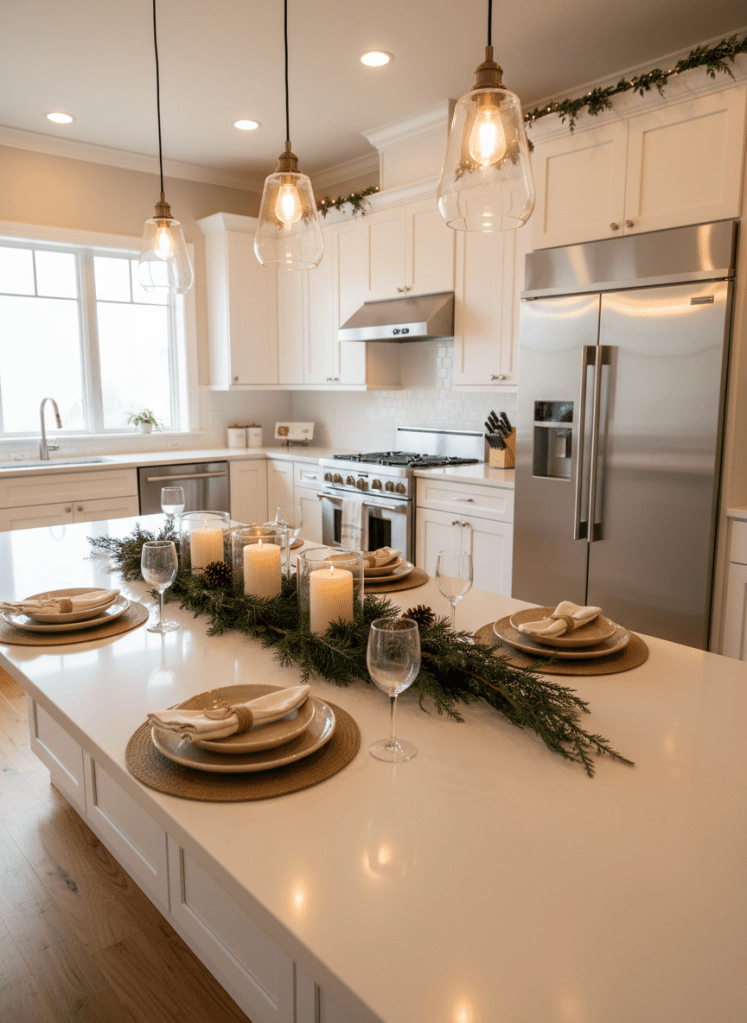 A meticulously staged vacation rental kitchen prepared for a family holiday gathering, with gleaming white shaker cabinets, a large quartz island set with coordinated stoneware plates, cloth napkins, and polished glassware. A stainless-steel range and double-door fridge reflect the warm pendant lighting above, while a subtle garland and a simple centerpiece of evergreen branches and candles hint at a festive occasion without clutter. Photographic realism, captured at eye level with a wide-angle lens to emphasize spaciousness, natural daylight pouring in from a side window to balance the warm interior light. The mood is inviting, organized, and upscale, suggesting a perfect hub for graduations, reunions, or team retreats.